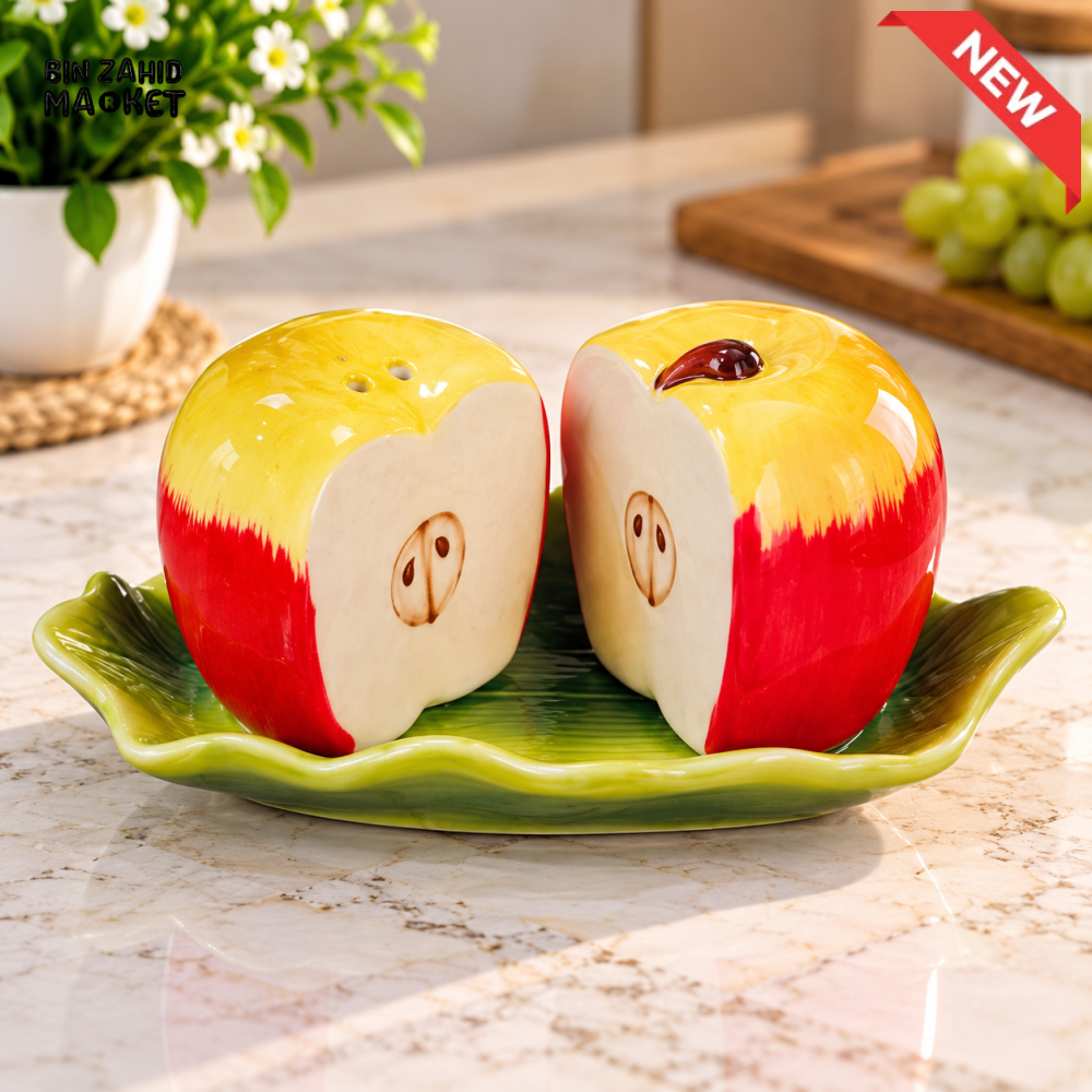 APPLE SHAPED CERAMIC SALT AND PEPPER SHAKER SET WITH LEAF TRAY - Spice & Condiment Storage