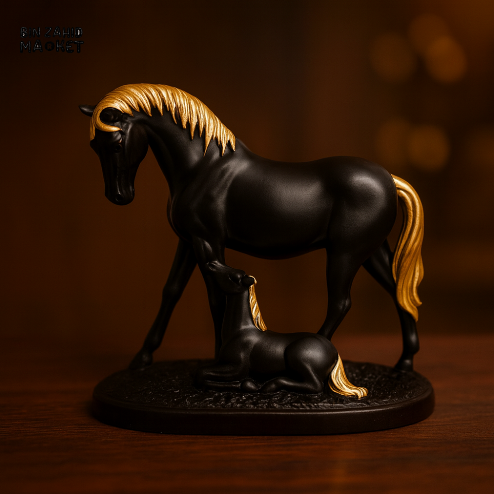 ARTISTIC BLACK HORSE STATUE – GOLD HIGHLIGHTS LIVING ROOM DECOR