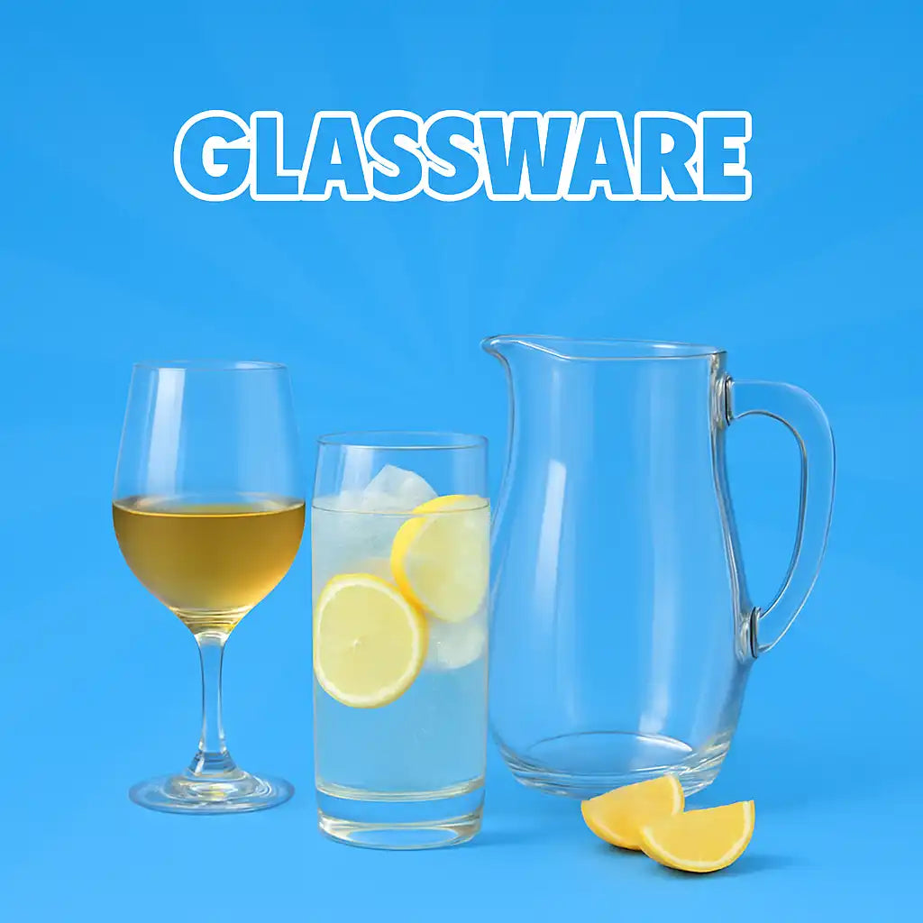 Assortment of clear glass drinking vessels.