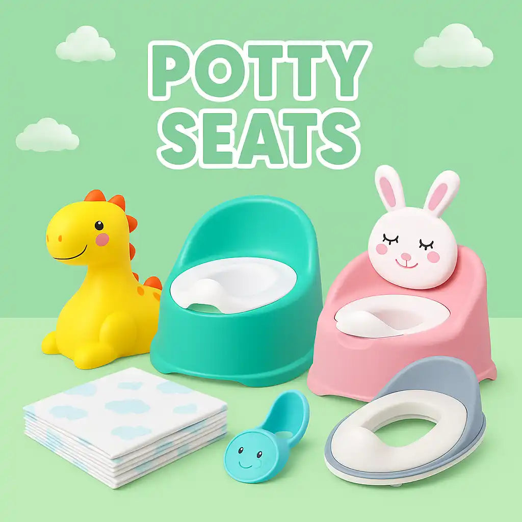 Assortment of colorful, child-friendly potty training aids.