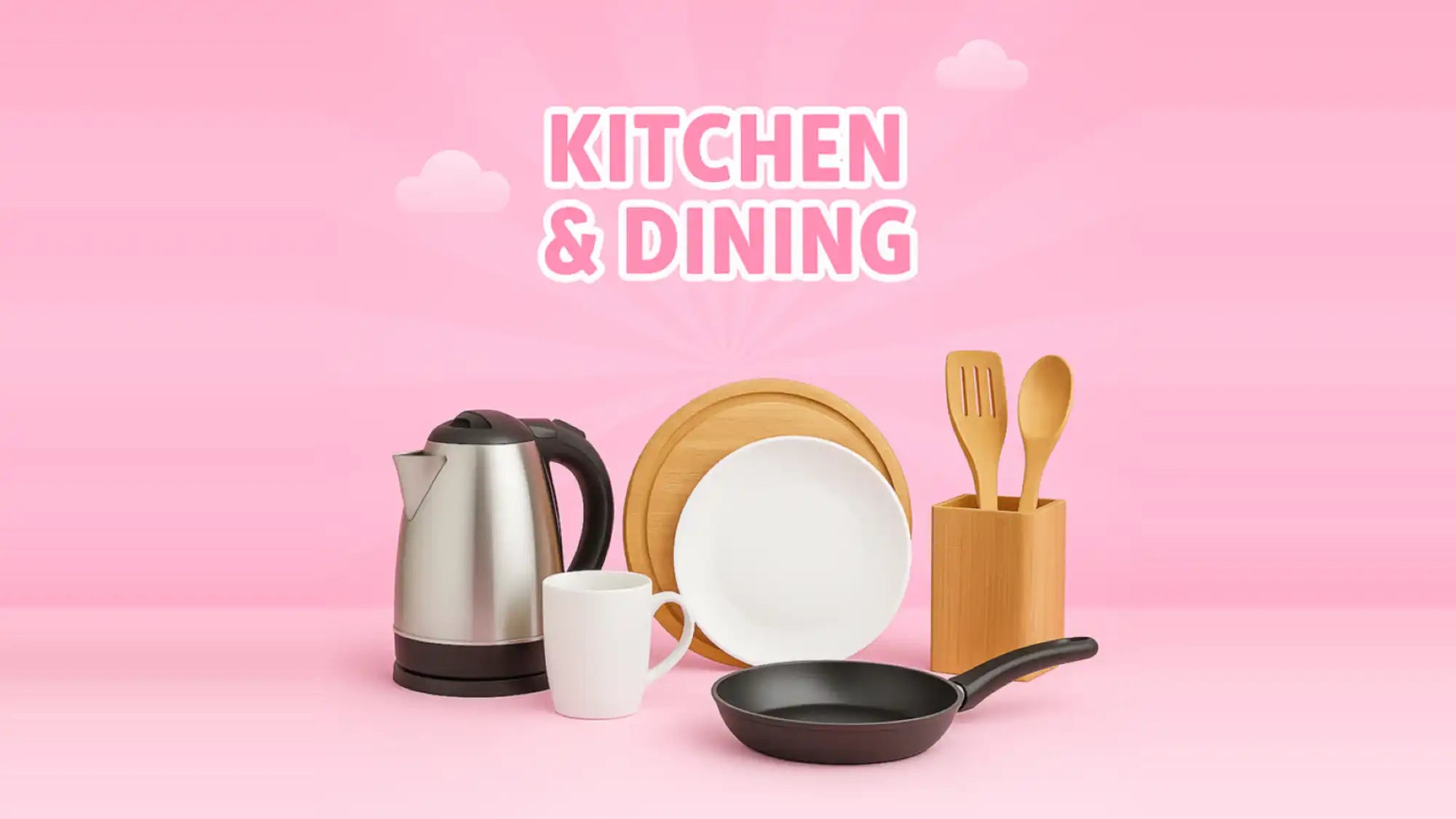 Assortment of kitchen and dining essentials, including an electric kettle, mug, plates, wooden utensils, and a frying pan.