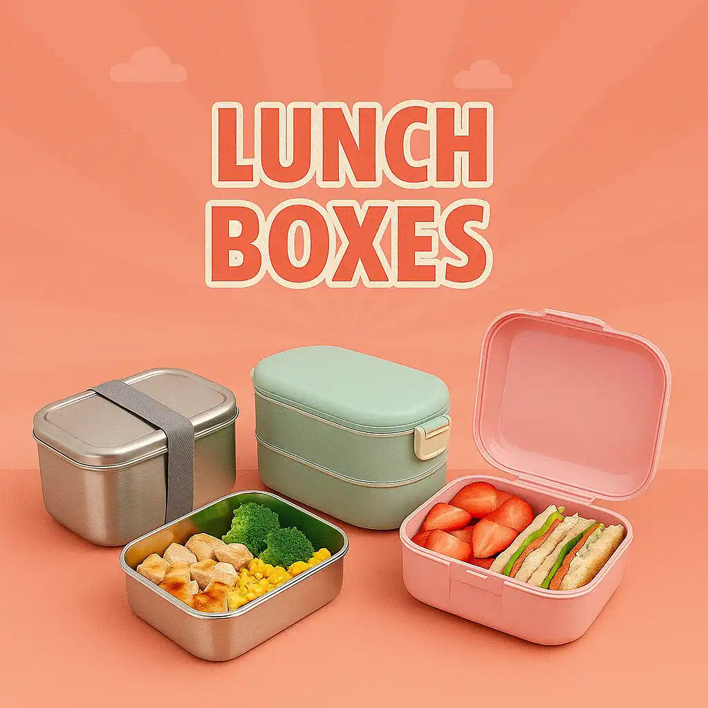 Assortment of lunch boxes in various materials, colors, and compartment styles.