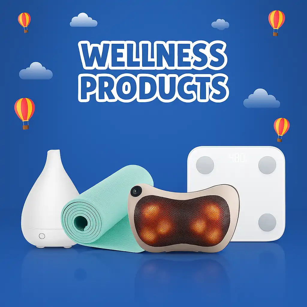 Assortment of wellness products including a diffuser, yoga mat, massage pillow, and smart scale.