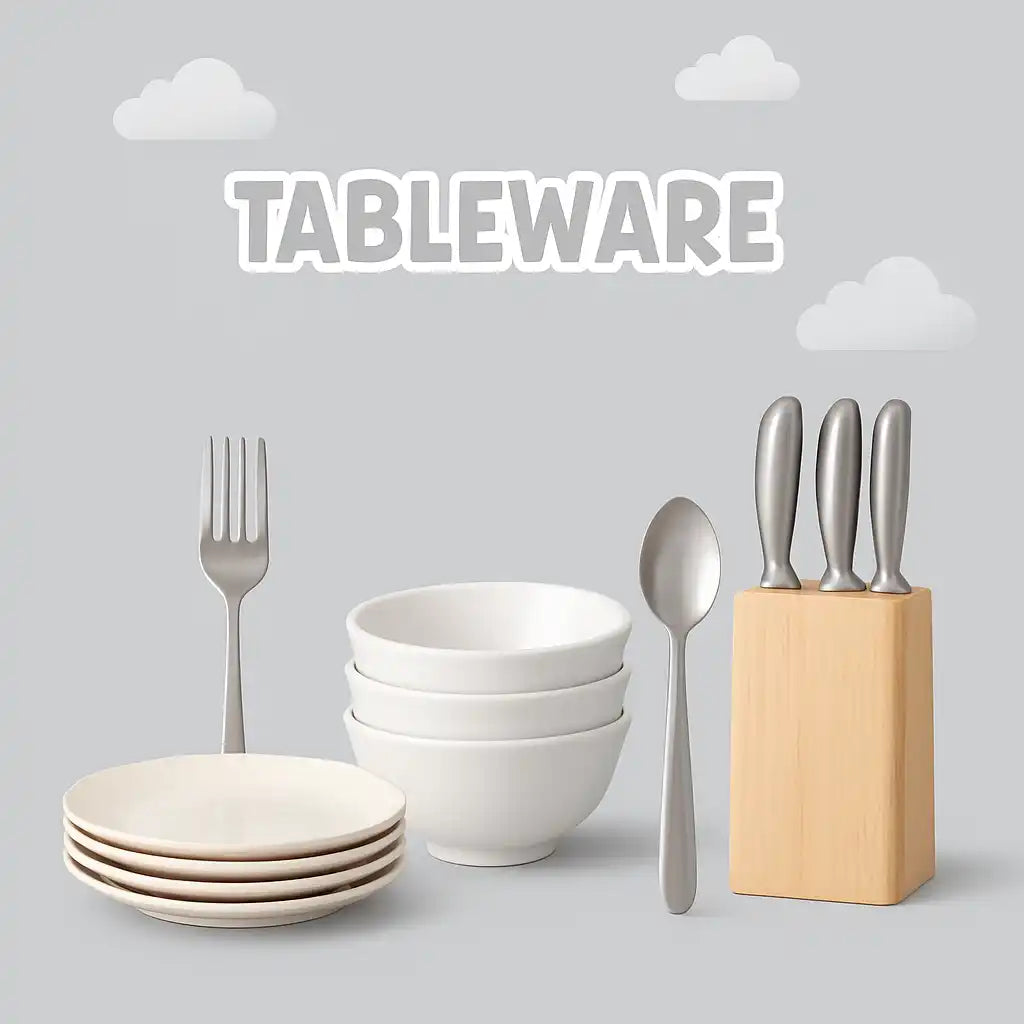 Assortment of white dishes, bowls, and silverware.