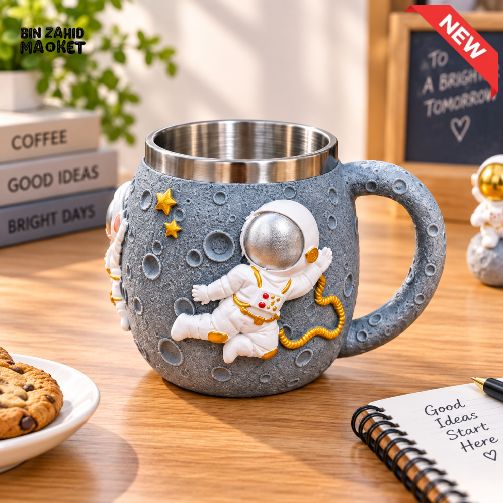 ASTRONAUT MOON DESIGN STAINLESS STEEL MUG WITH 3D SPACE DETAILING