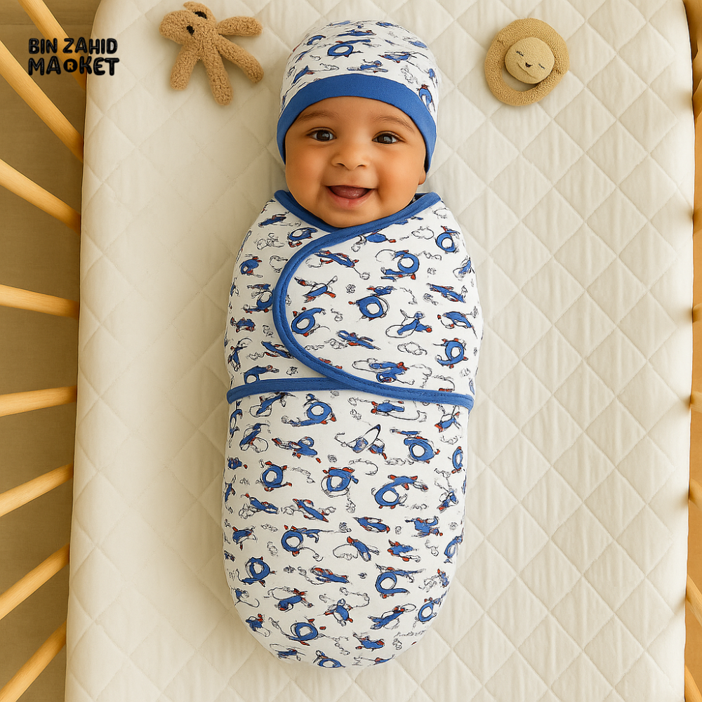 AVIATION PRINT NEWBORN SWADDLE SET WITH BLUE BORDER, CAP & MITTENS – COTTON