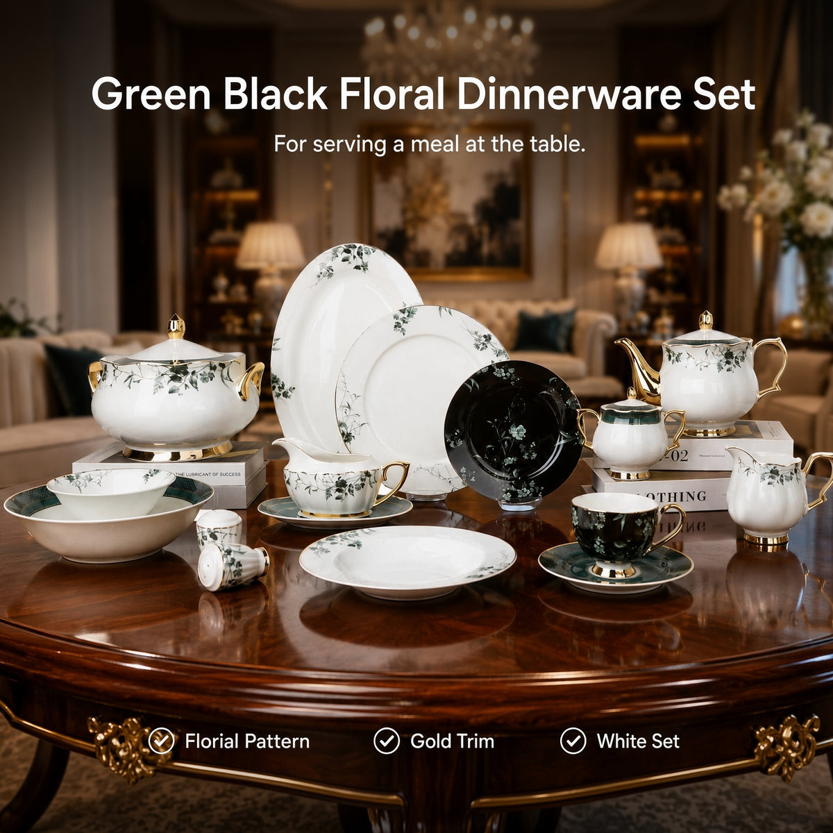 Johnson Bros Inspired Green Black Floral Patterns & Gold Trims Bone China Dinner Set