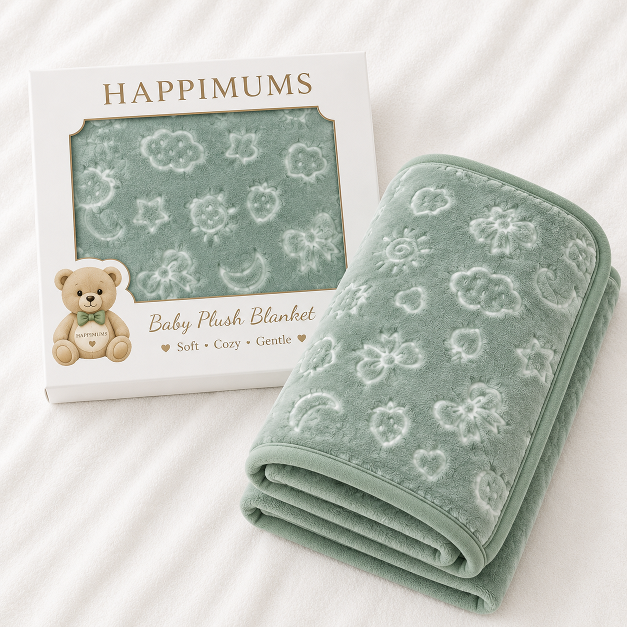 HAPPIMUMS BABY PLUSH SLEEPING BLANKET DOUBLE PLY CLOUD & BOW 110 x 80 - GREEN