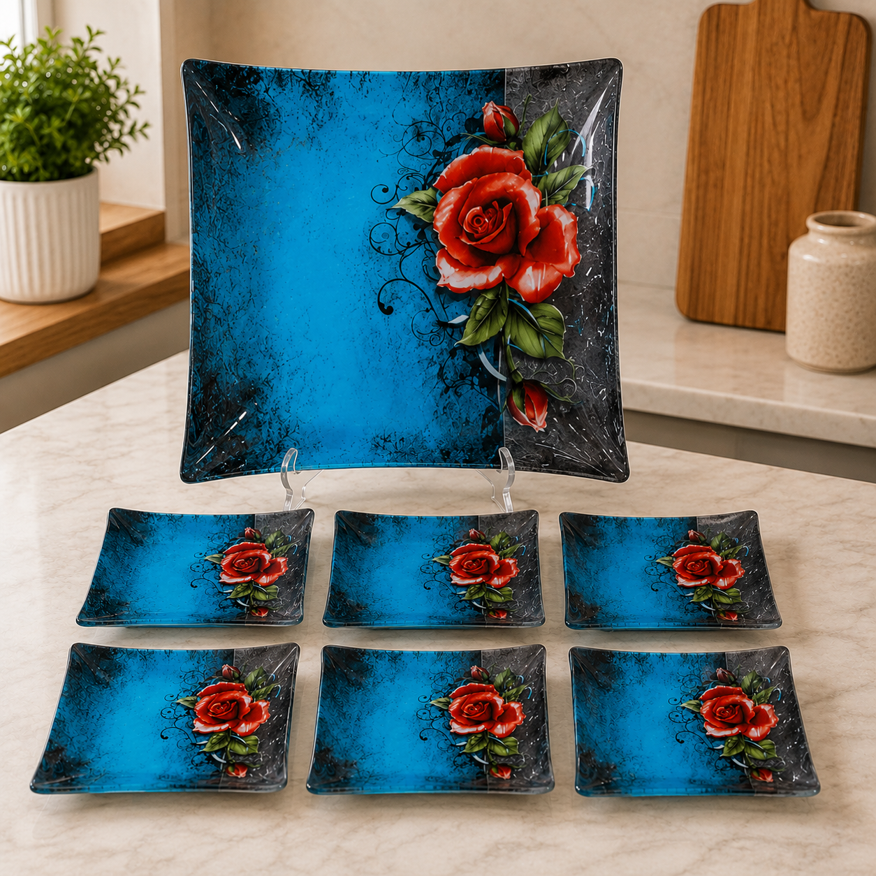 ARCOFAM SQUARE GLASS SERVING PLATE SET - BLUE ARAGOL