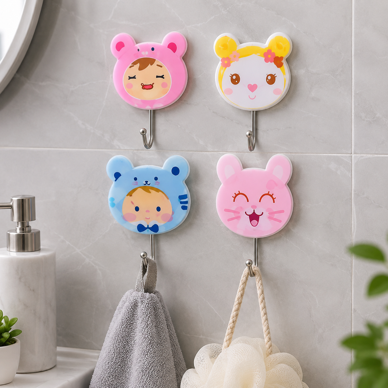 4 PCS CARTOON SELF ADHESIVE WALL HOOK SET