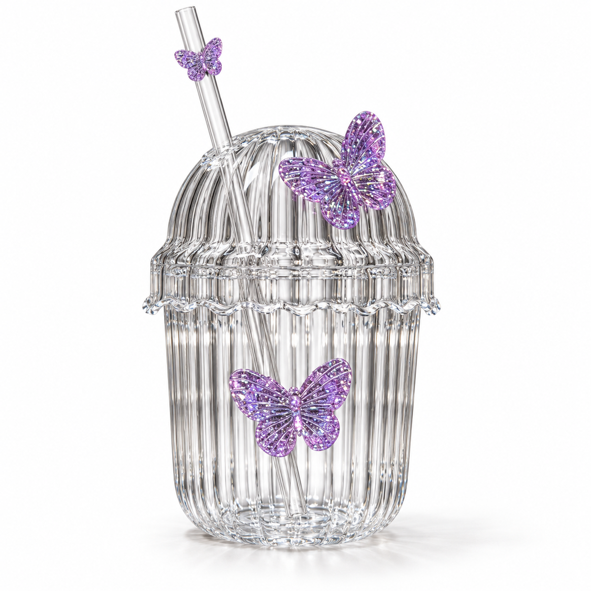 Glasslux Ribbed Butterfly Dome Cup With Straw - Purple / 400 ml