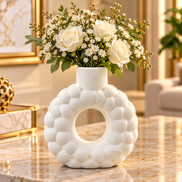 WHITE BUBBLE TEXTURE ROUND OPEN CENTER DECORATIVE VASE - SMALL