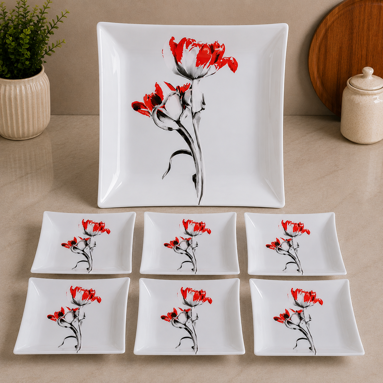 ARCOFAM RED &amp; WHITE FLORAL SQUARE SERVING 7 PIECE PLATE SET - SABIN