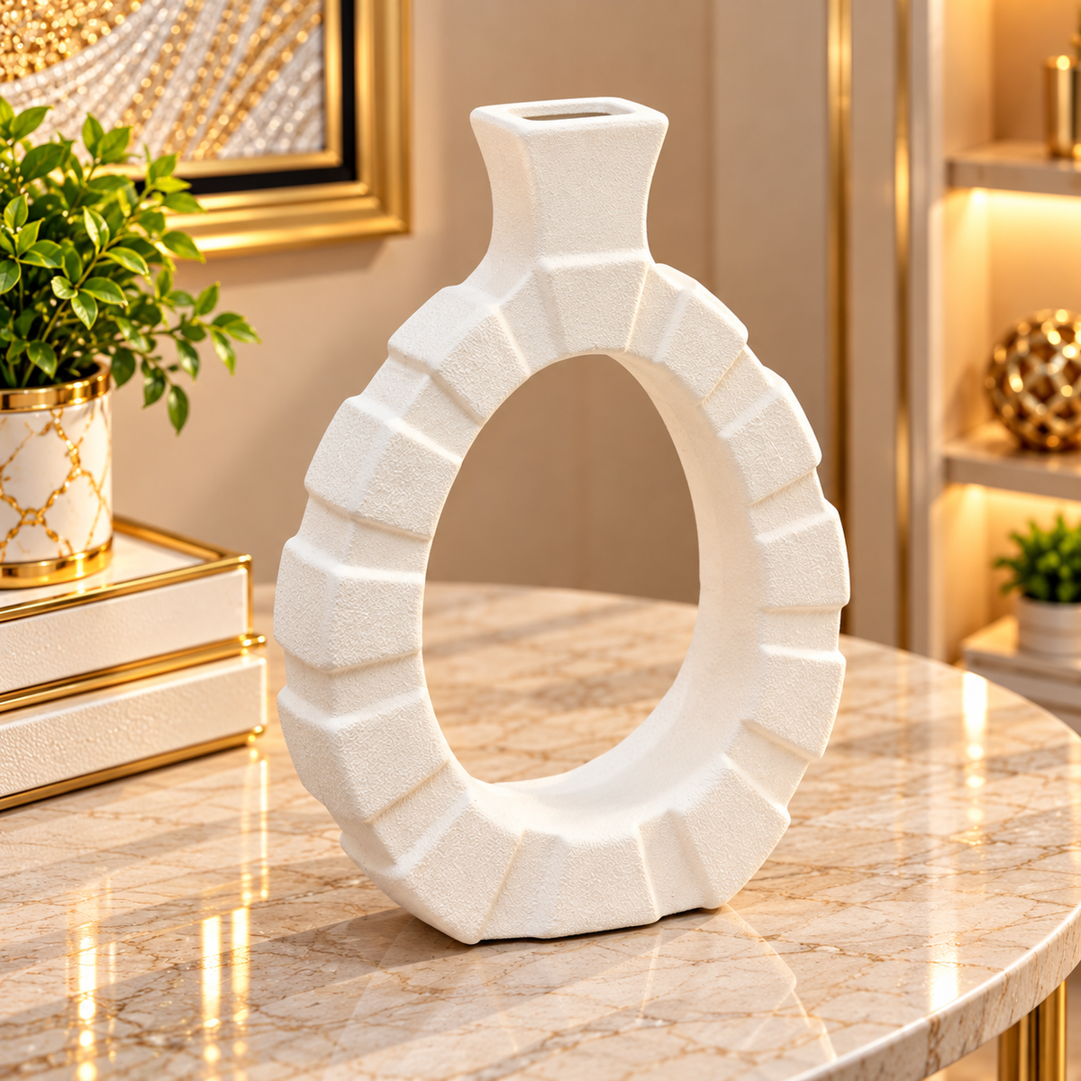 WHITE LARGE OVAL RIBBED OPEN CENTER DECORATIVE VASE - LARGE