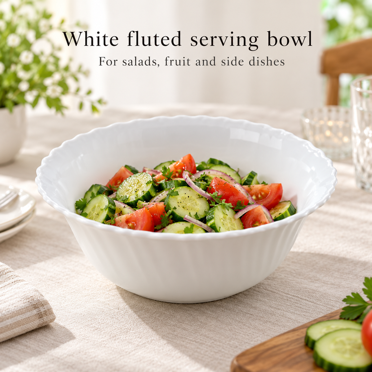 Danny Home 8 Inch White Ceramic Serving Bowl – Large Porcelain Salad & Mixing Bowl