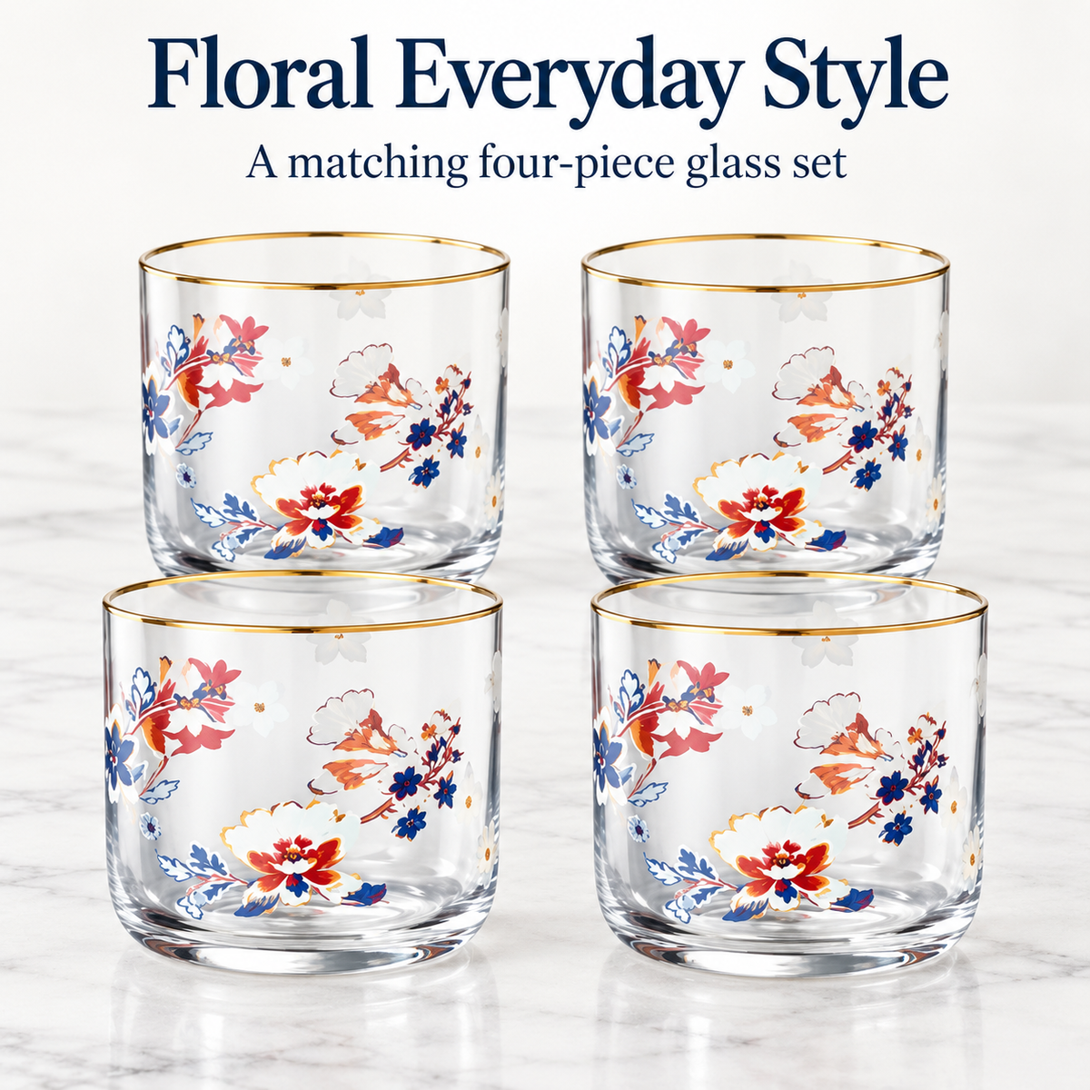 Danny Home 4 Piece Floral Gold Rim Tumbler Set - 340 ml