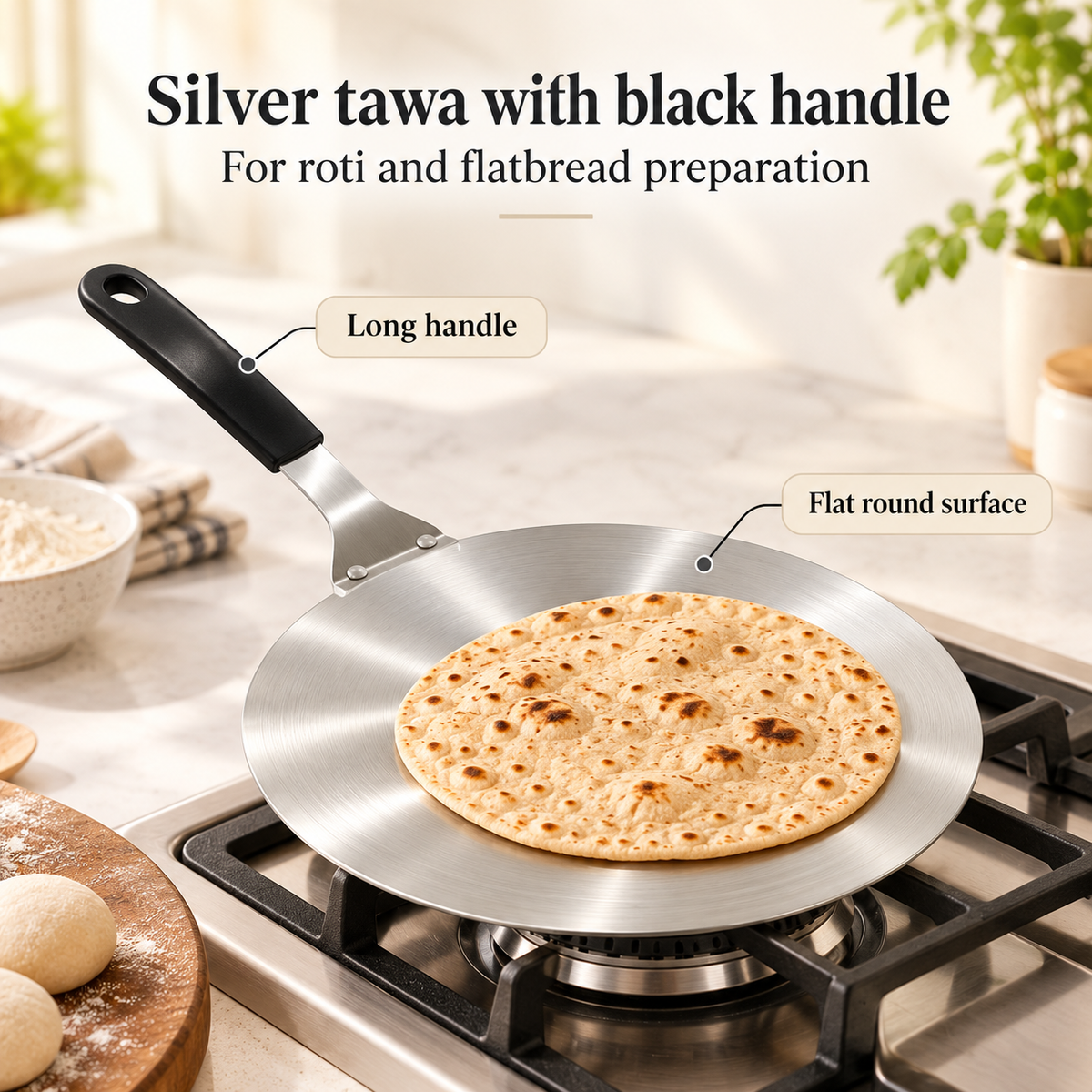 Danny Home Silver Tawa With Black Handle