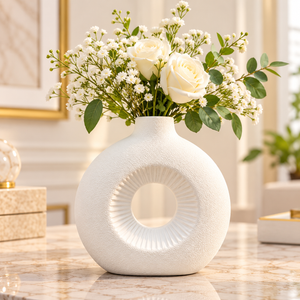 WHITE ROUND OPEN CENTER DECORATIVE VASE - SMALL