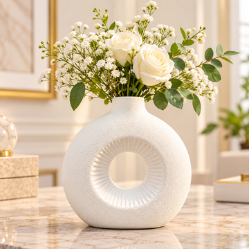 WHITE ROUND OPEN CENTER DECORATIVE VASE - SMALL