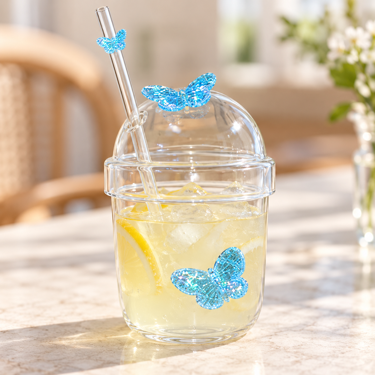 Glasslux Butterfly Dome Cup With Straw - Blue / 400 ml