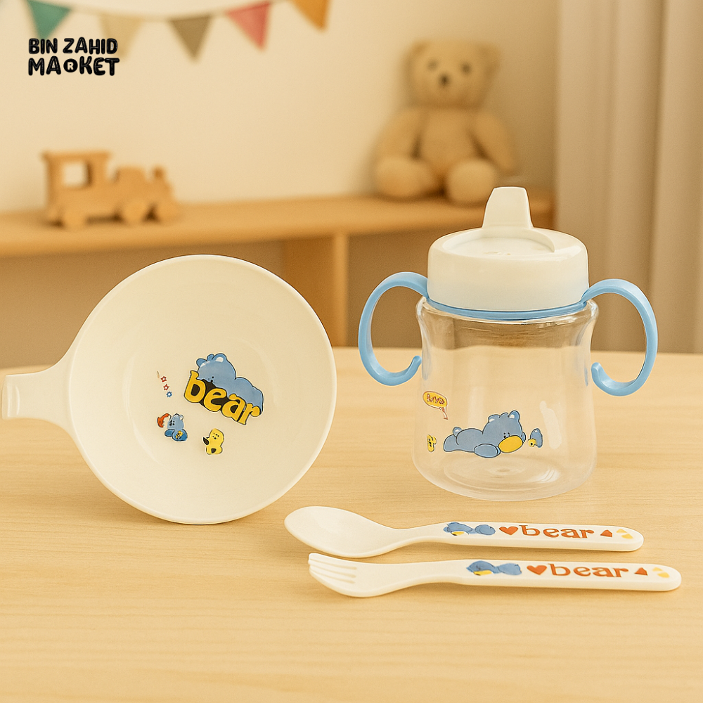 BABY FEEDING SET – CUTE DESIGN WITH SIPPY CUP & CUTLERY | KIDS TABLEWARE BPA FREE - BLUE