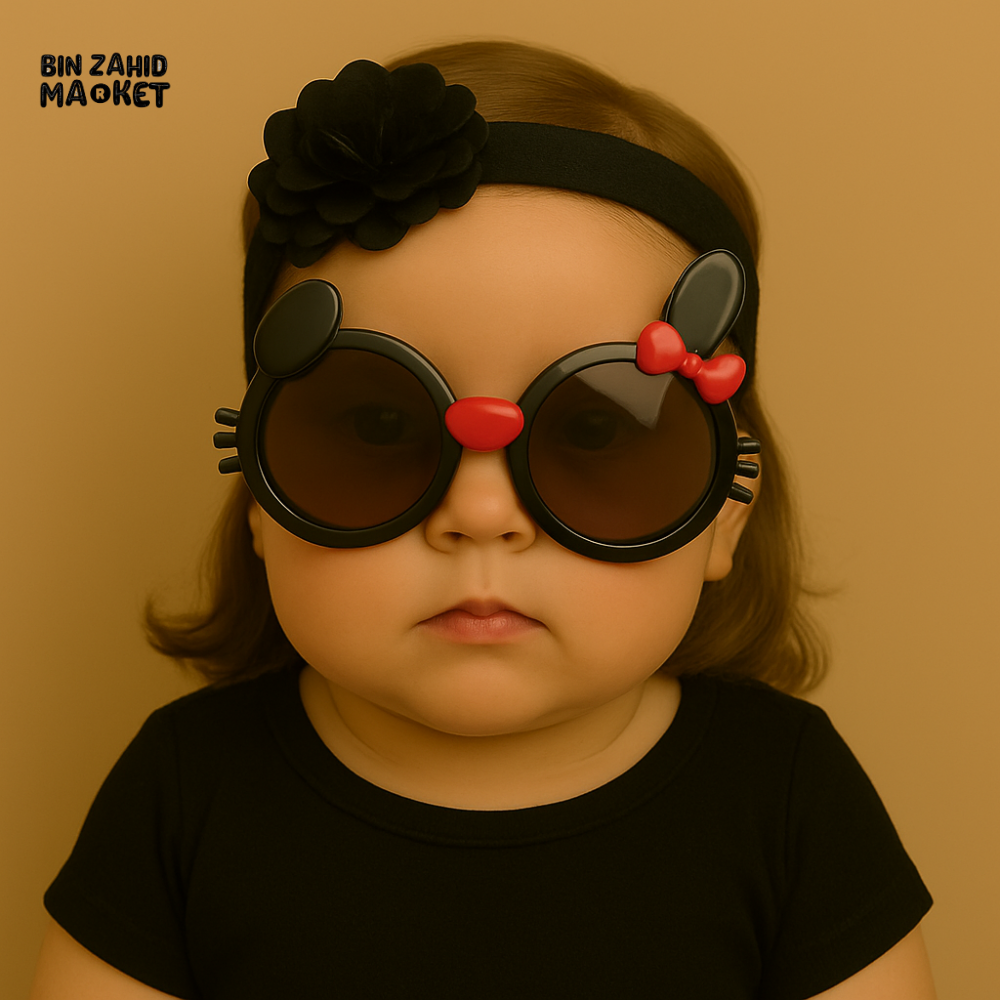 BABY GIRL BLACK FLORAL HEADBAND WITH BUNNY SUNGLASSES – STYLISH INFANT ACCESSORY SET