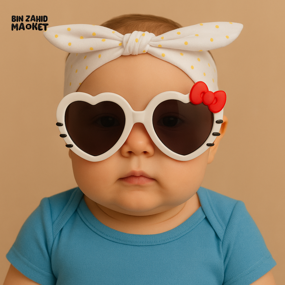 BABY GIRL BLUE HELLO KITTY SUNGLASSES WITH WHITE POLKA DOT HEADBAND – CUTE INFANT ACCESSORY SET WITH LONG HAIR LOOK