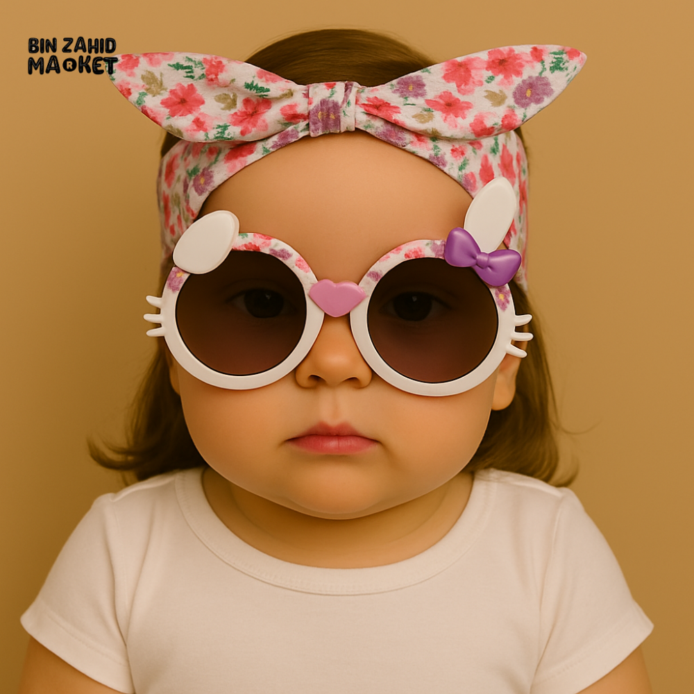 BABY GIRL FLORAL HEADBAND WITH WHITE BUNNY SUNGLASSES – CUTE INFANT ACCESSORY SET