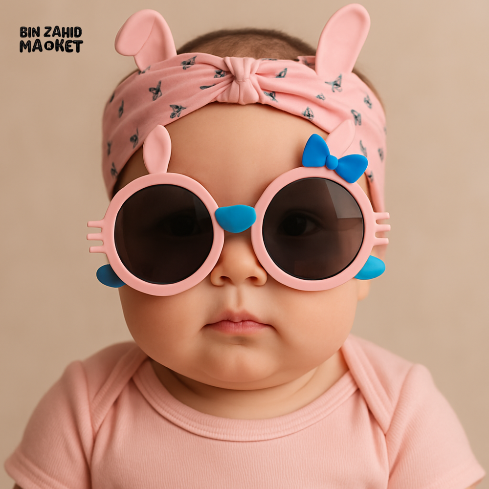 BABY GIRL PINK HEADBAND WITH FUNNY BUNNY SUNGLASSES – CUTE INFANT FASHION ACCESSORY SET