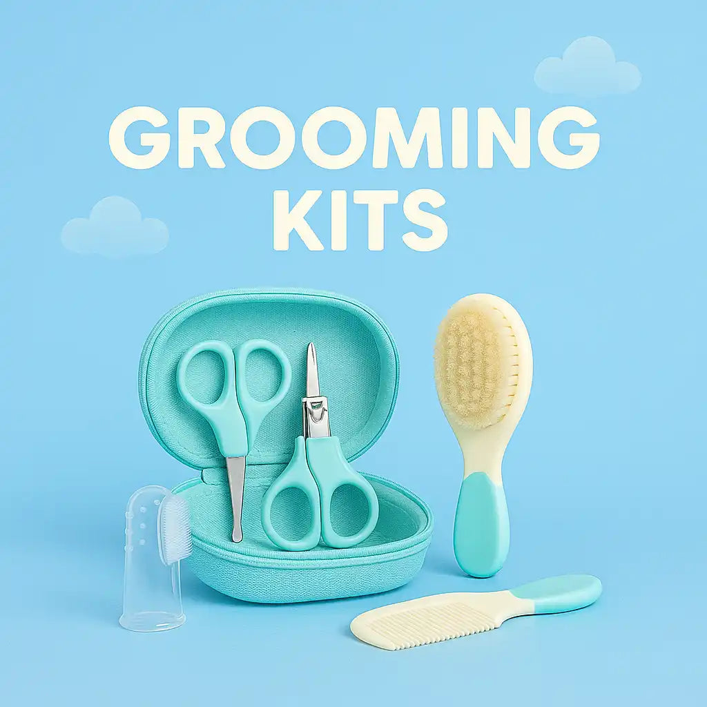 A baby grooming kit with a case, scissors, nail clippers, brush, comb, and finger toothbrush.