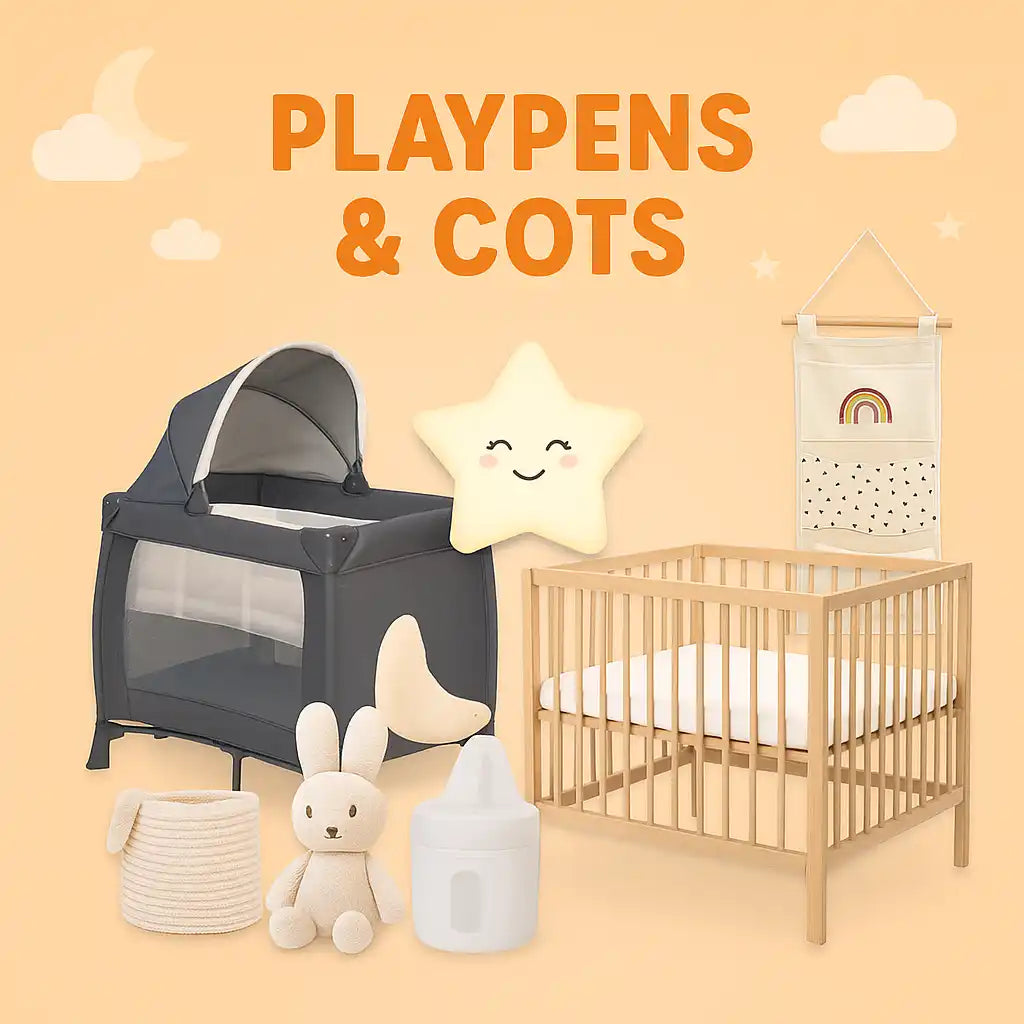 Baby playpen and wooden crib with various nursery accessories
