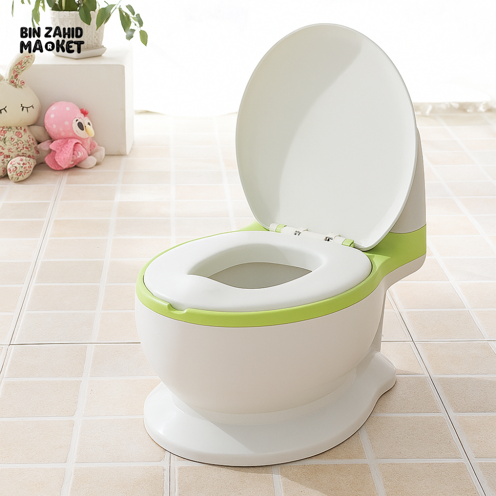 BABY POTTY TRAINING SEAT – REALISTIC TOILET DESIGN WITH LID & BUILT-IN WIPE HOLDER - GREEN