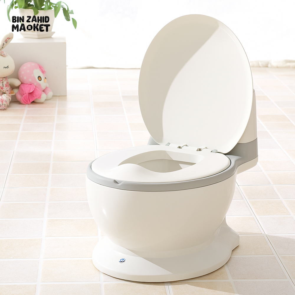 BABY POTTY TRAINING SEAT – REALISTIC TOILET DESIGN WITH LID & BUILT-IN WIPE HOLDER - GREY
