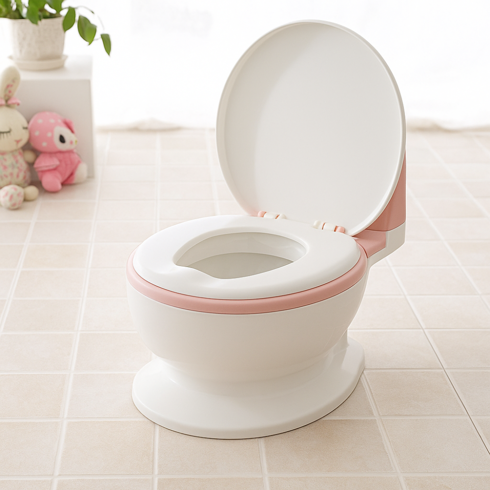BABY POTTY TRAINING SEAT – REALISTIC TOILET DESIGN WITH LID & BUILT-IN WIPE HOLDER - PINK