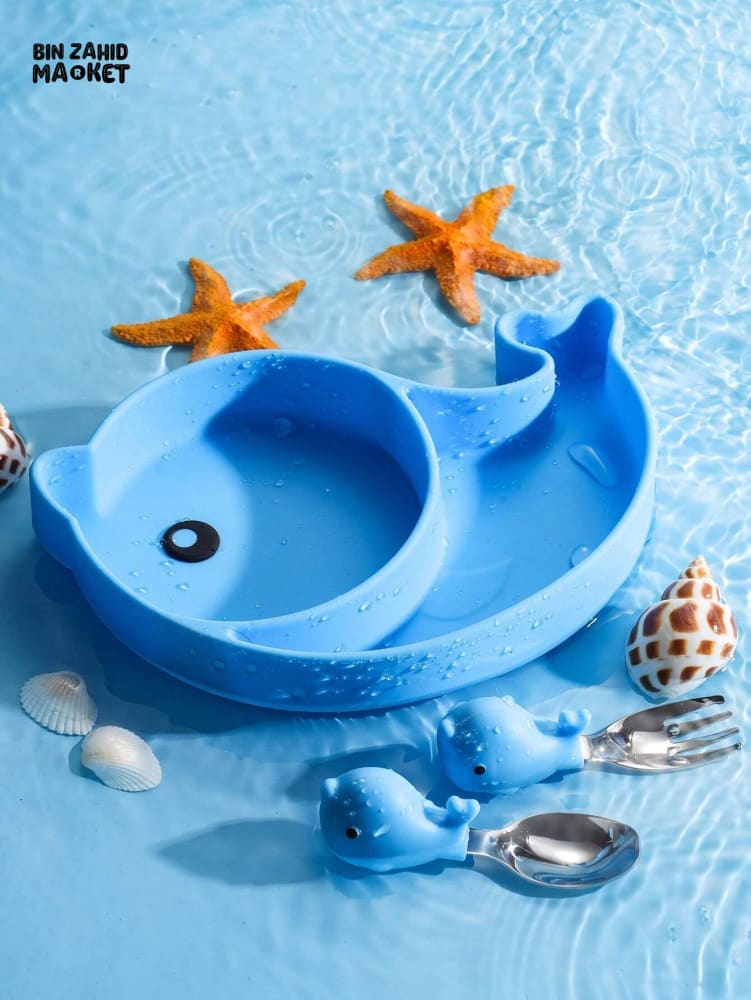 BABY SILICONE TABLEWARE SET – DOLPHIN BLUE SAFE NON-SLIP & BPA-FREE FEEDING SET FOR TODDLERS
