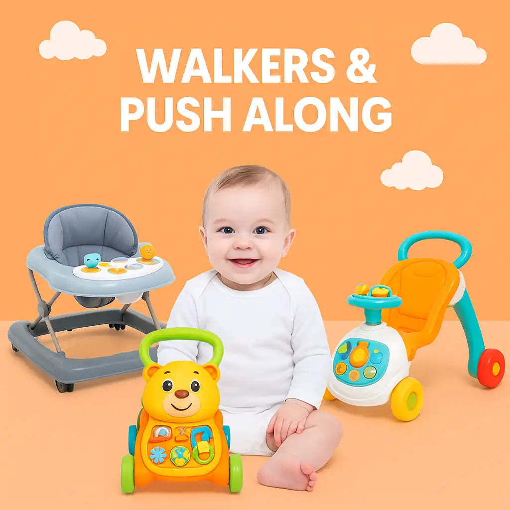 A smiling baby surrounded by three different types of baby walkers and push-along toys.