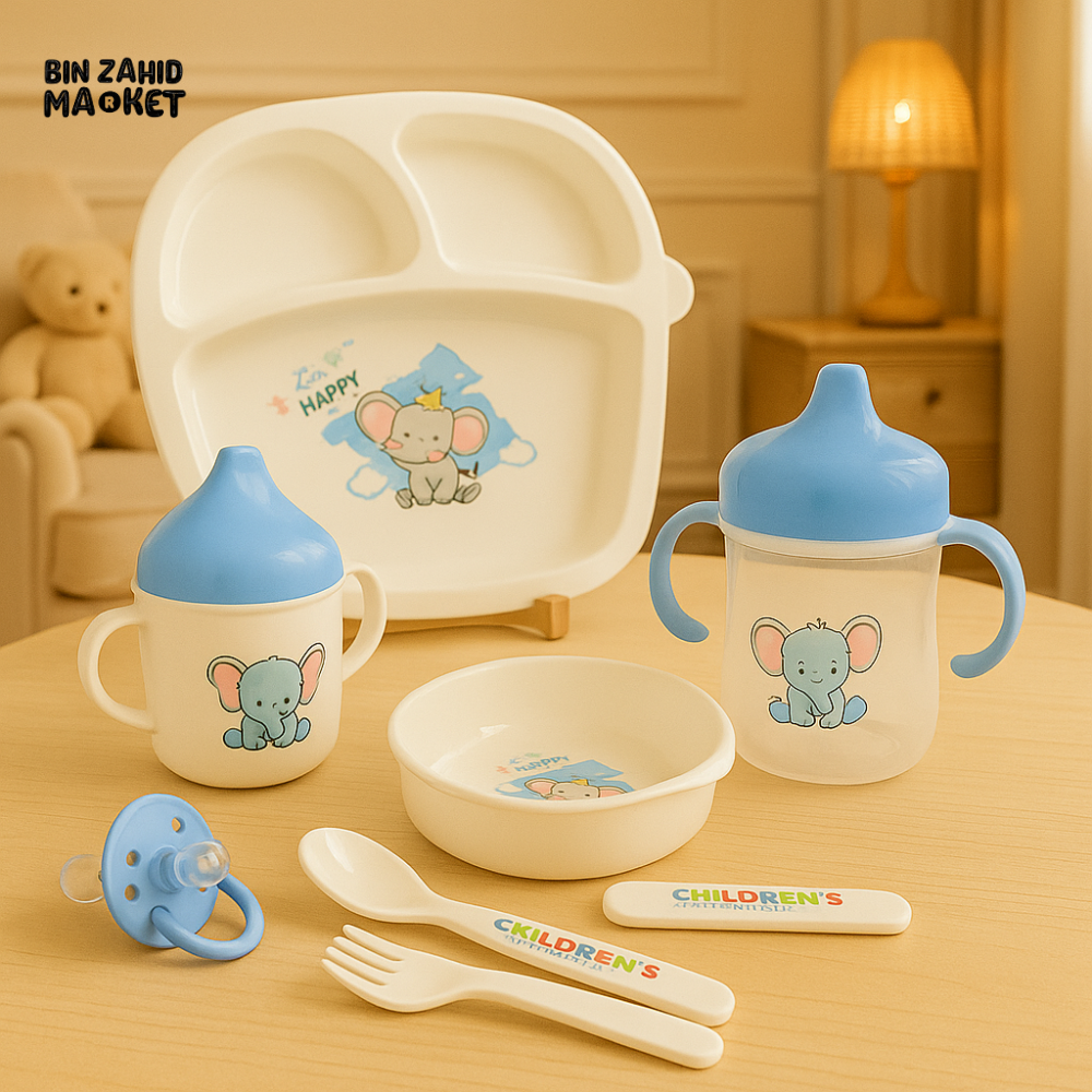 BABY TABLEWARE FEEDING SET – CUTE ELEPHANT DESIGN | BPA FREE TODDLER DINNER SET WITH SIPPY CUP - BLUE