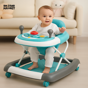 BABY WALKER – FOLDABLE DESIGN WITH MUSIC, LIGHTS & ACTIVITY STEERING WHEEL FOR INFANTS - AQUA BLUE