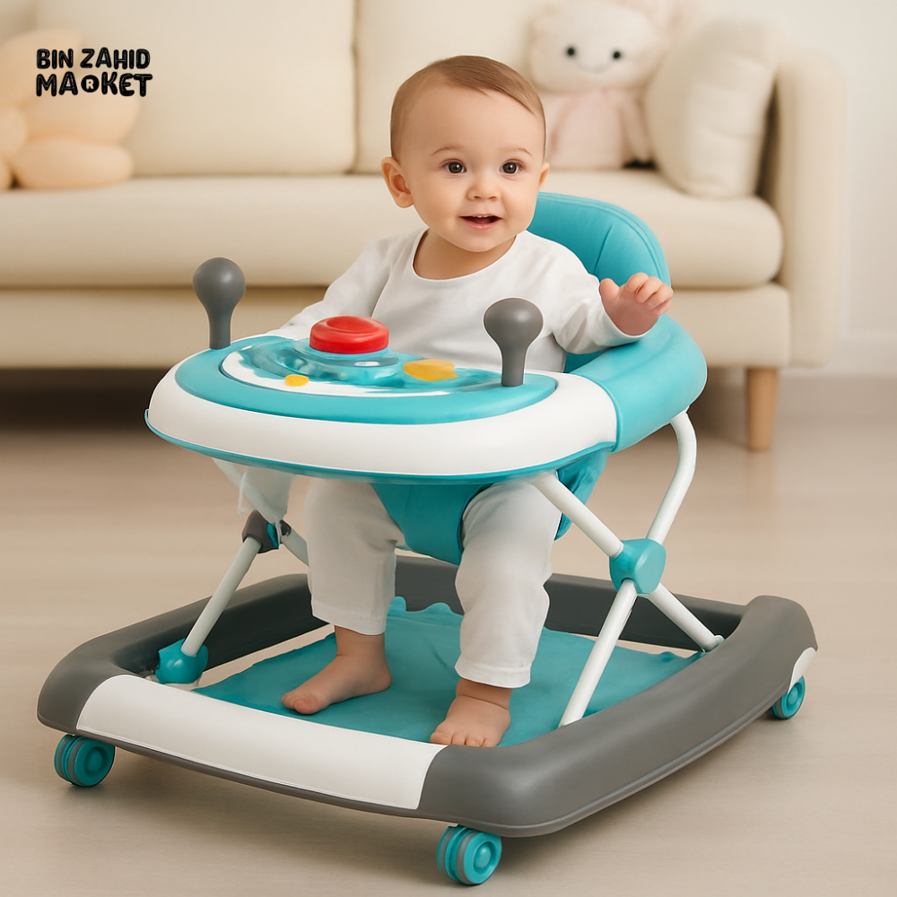 BABY WALKER – FOLDABLE DESIGN WITH MUSIC, LIGHTS & ACTIVITY STEERING WHEEL FOR INFANTS - AQUA BLUE