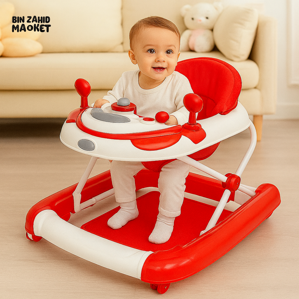 BABY WALKER – FOLDABLE DESIGN WITH MUSIC, LIGHTS & ACTIVITY STEERING WHEEL FOR INFANTS - RED & WHITE