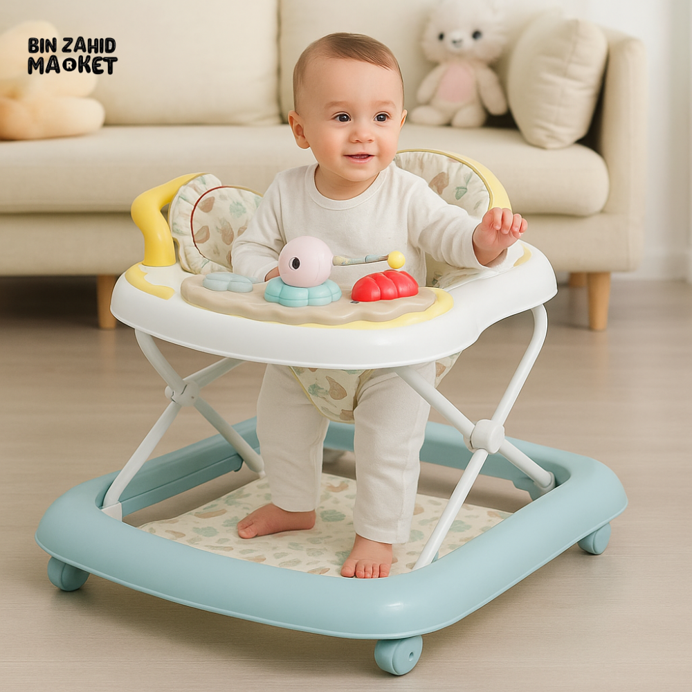 BABY WALKER – INFANT WALKER WITH AQUA BASE, SEA ANIMAL TOYS & PADDED PRINTED SEAT - BLUE