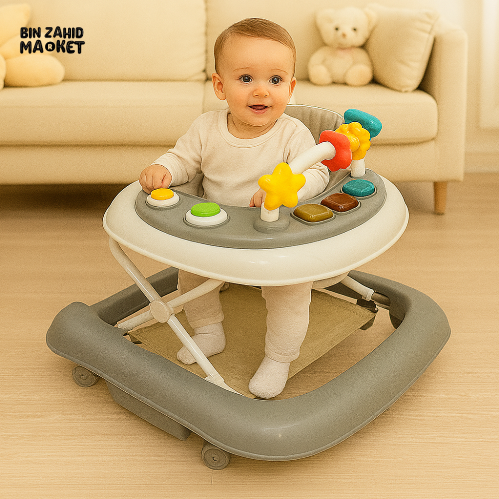 BABY WALKER WITH ACTIVITY PANEL – COMFORTABLE SEAT & MULTICOLOR TOY BAR FOR INFANTS - BEIGE