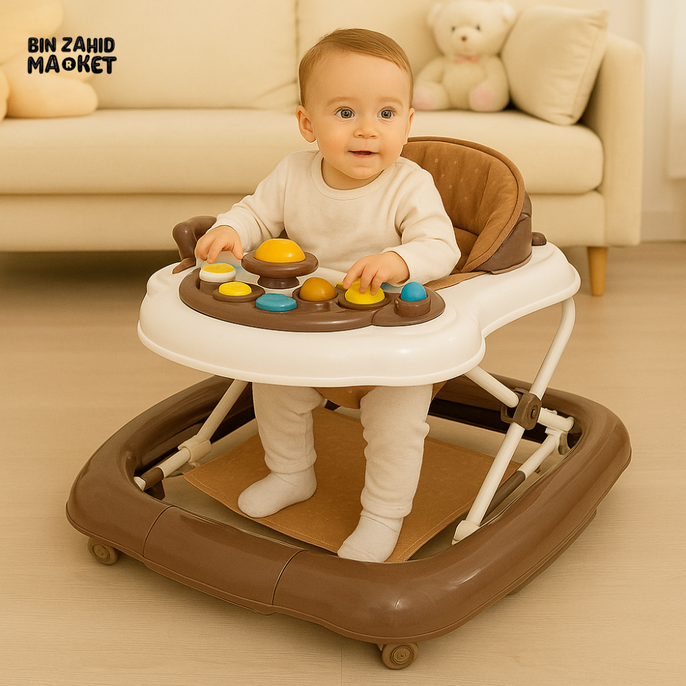 BABY WALKER WITH ACTIVITY PANEL – COMFORTABLE SEAT & MULTICOLOR TOY BAR FOR INFANTS - BROWN