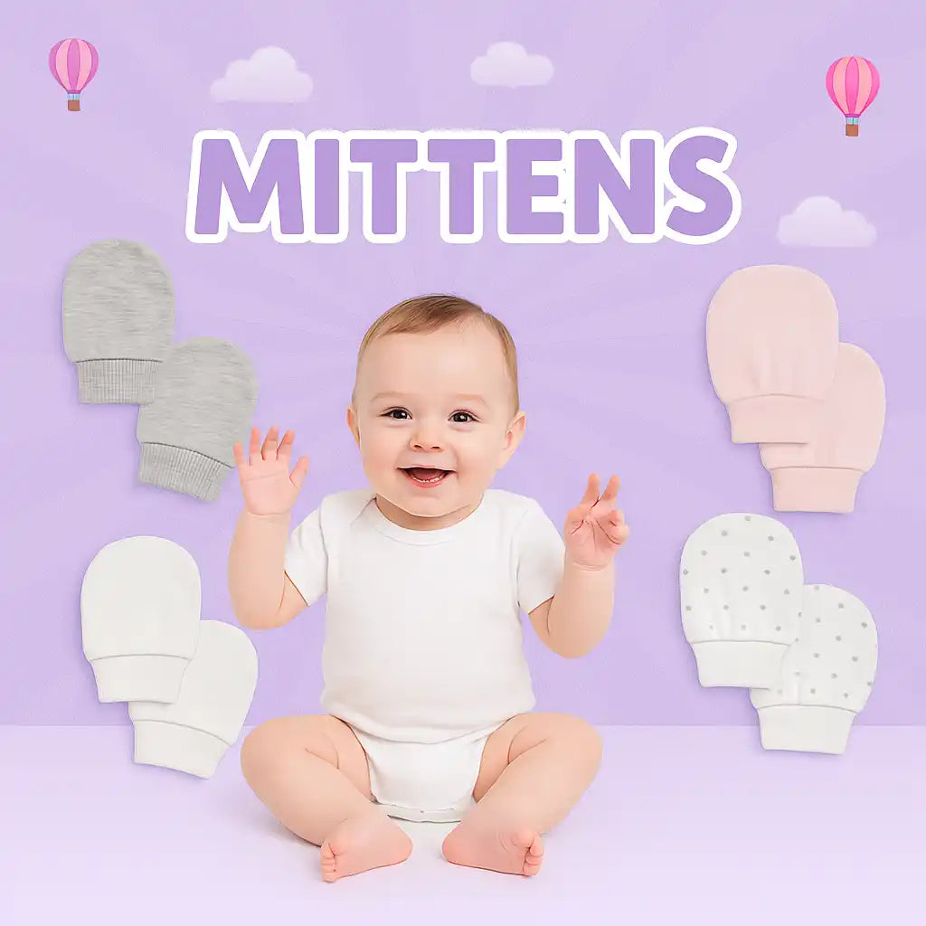 A smiling baby wearing a white onesie, surrounded by pairs of baby mittens in various colors and patterns.