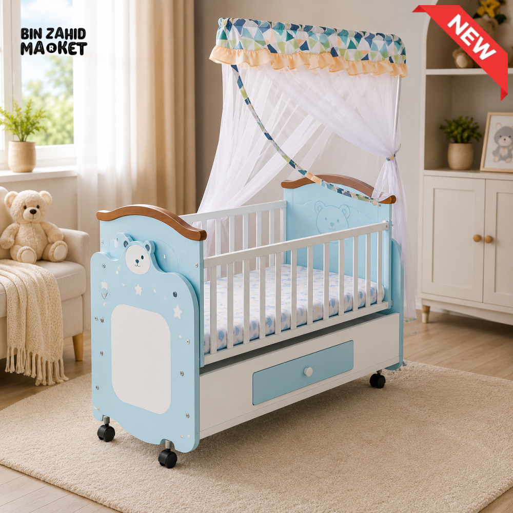 BABY WOODEN CRIB WITH MOSQUITO NET AND STORAGE - BLUE