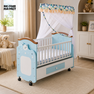 BABY WOODEN CRIB WITH MOSQUITO NET AND STORAGE - BLUE