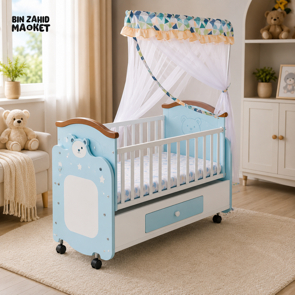 BABY WOODEN CRIB WITH MOSQUITO NET AND STORAGE - BLUE
