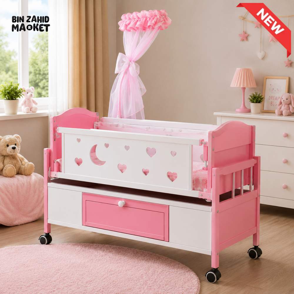 BABY WOODEN CRIB WITH MOSQUITO NET AND STORAGE DRAWER