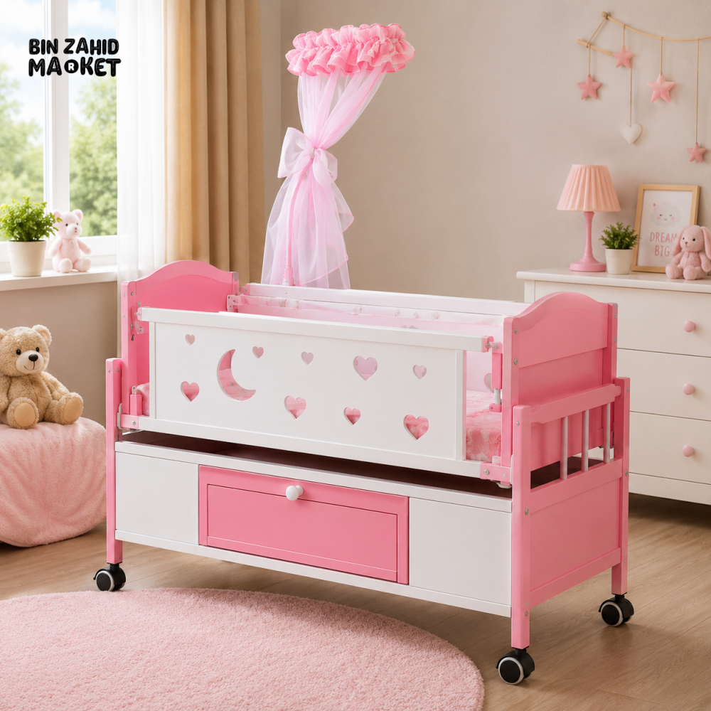 BABY WOODEN CRIB WITH MOSQUITO NET AND STORAGE DRAWER