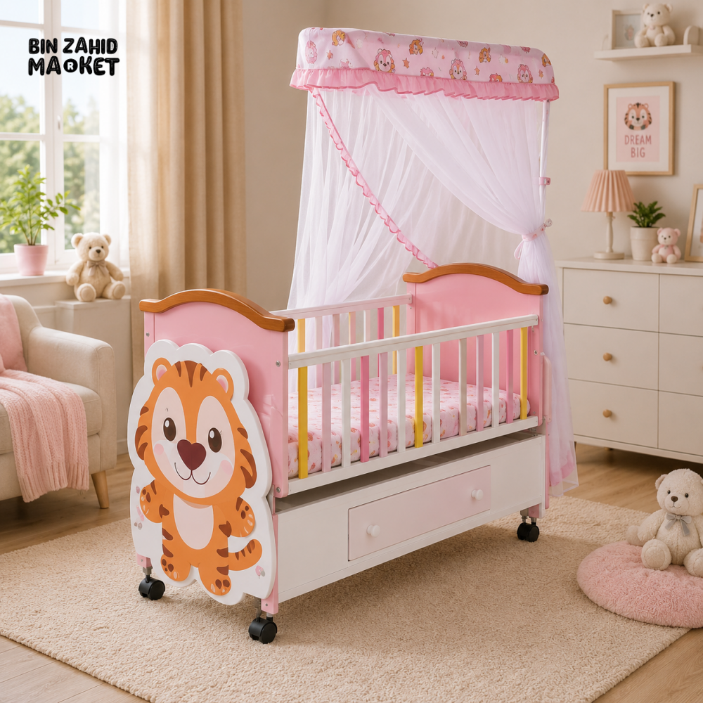 BABY WOODEN CRIB WITH MOSQUITO NET AND STORAGE - PINK